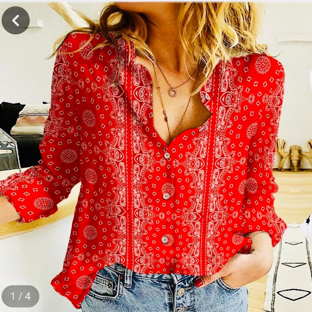 Jammyjob Bandana Fantasia Paisley Red Unique Women Casual Shirt | LS Shirt S